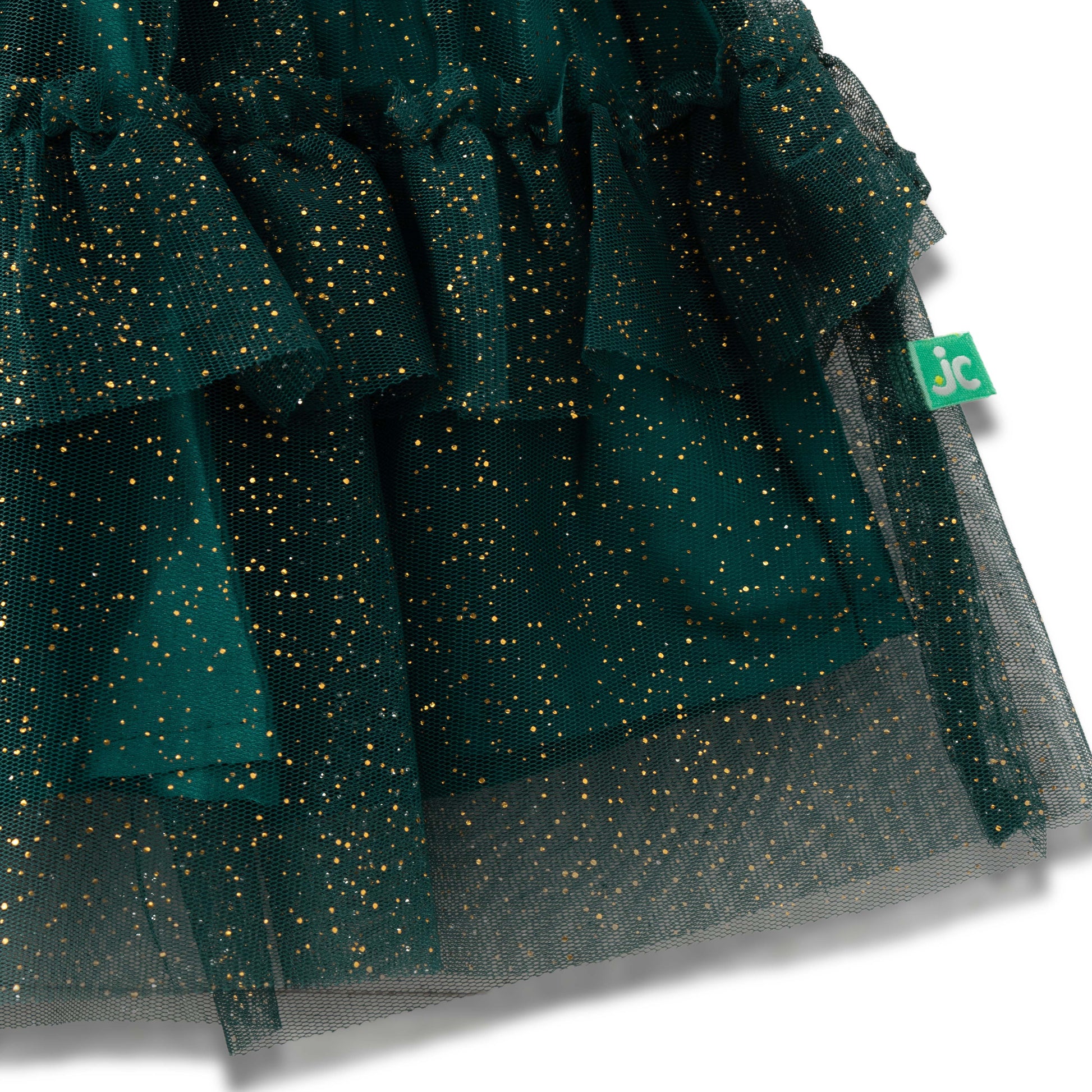 "Girls Emerald Green Glitter Tutu Skirt with Gold Elastic Waistband & Ruffle Layers"