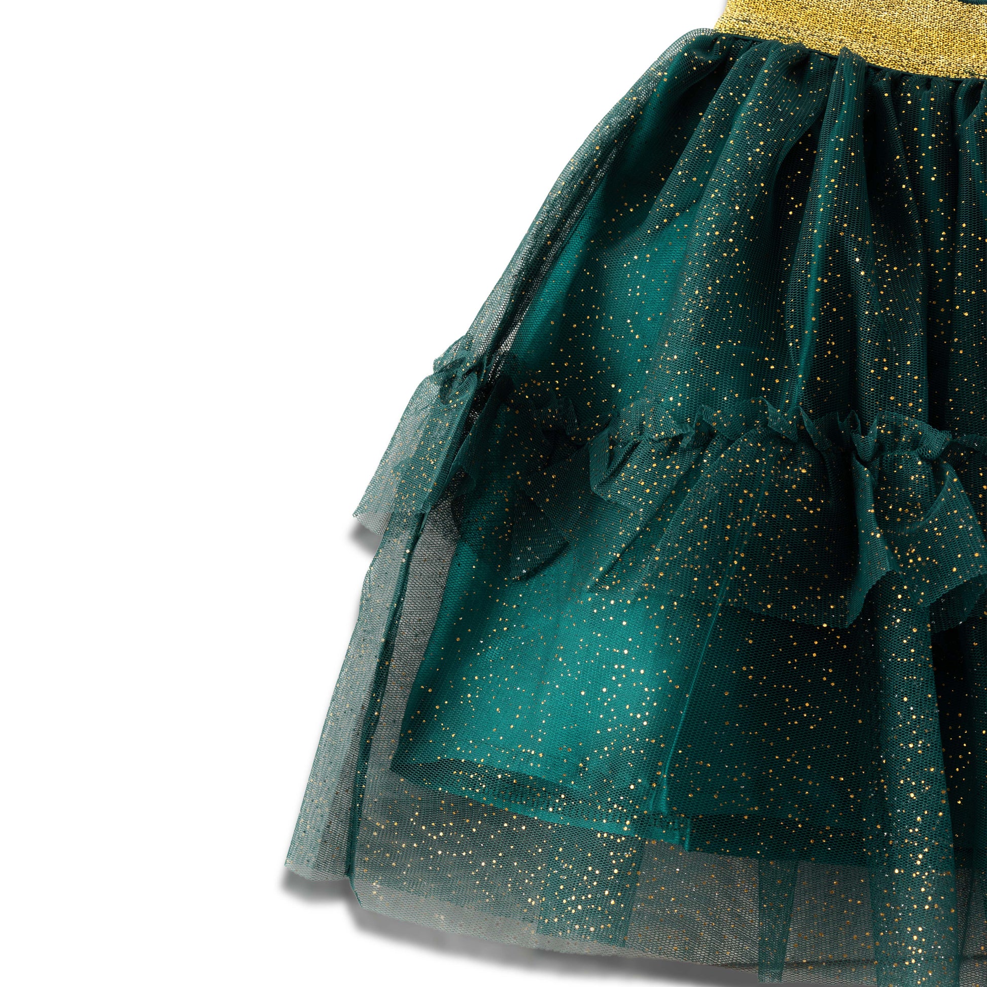 "Girls Emerald Green Glitter Tutu Skirt with Gold Elastic Waistband & Ruffle Layers"