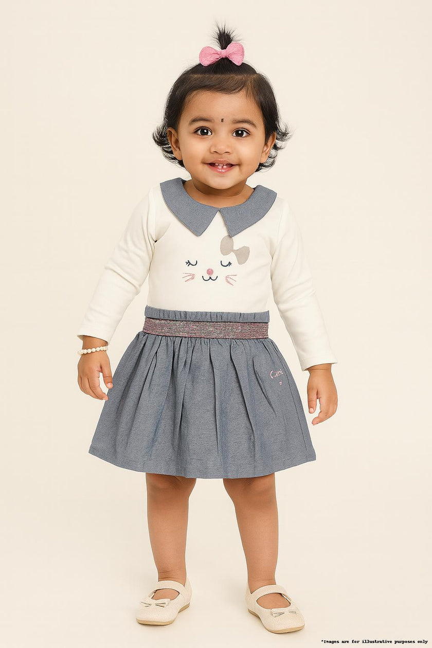 "Baby Girls White & Blue Cat Face Peter Pan Collar Dress with Long Sleeves"
