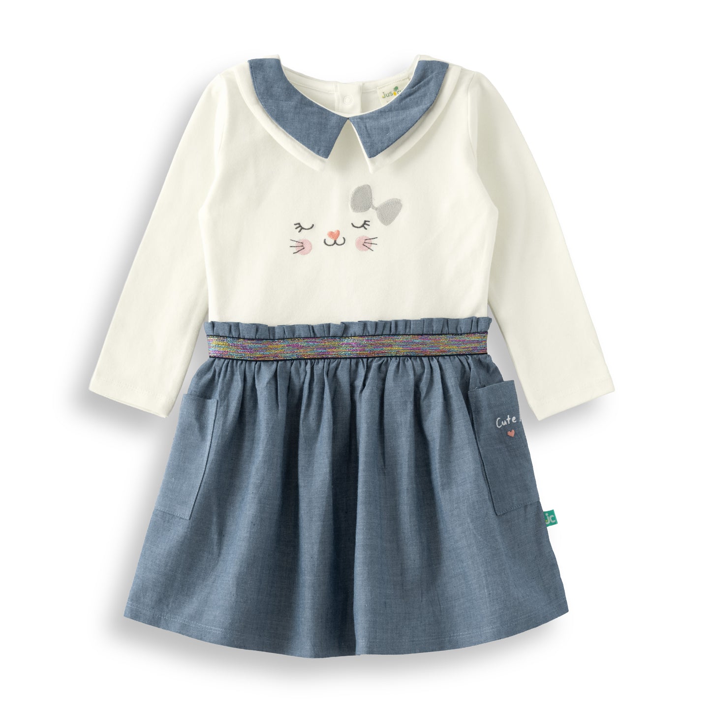 "Baby Girls White & Blue Cat Face Peter Pan Collar Dress with Long Sleeves"