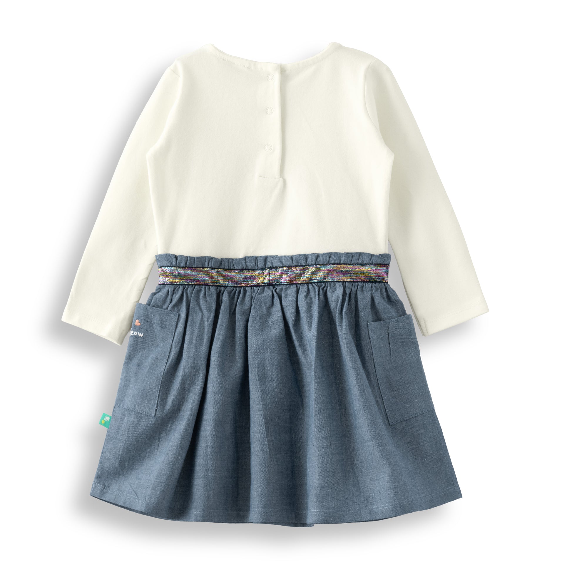 "Baby Girls White & Blue Cat Face Peter Pan Collar Dress with Long Sleeves"
