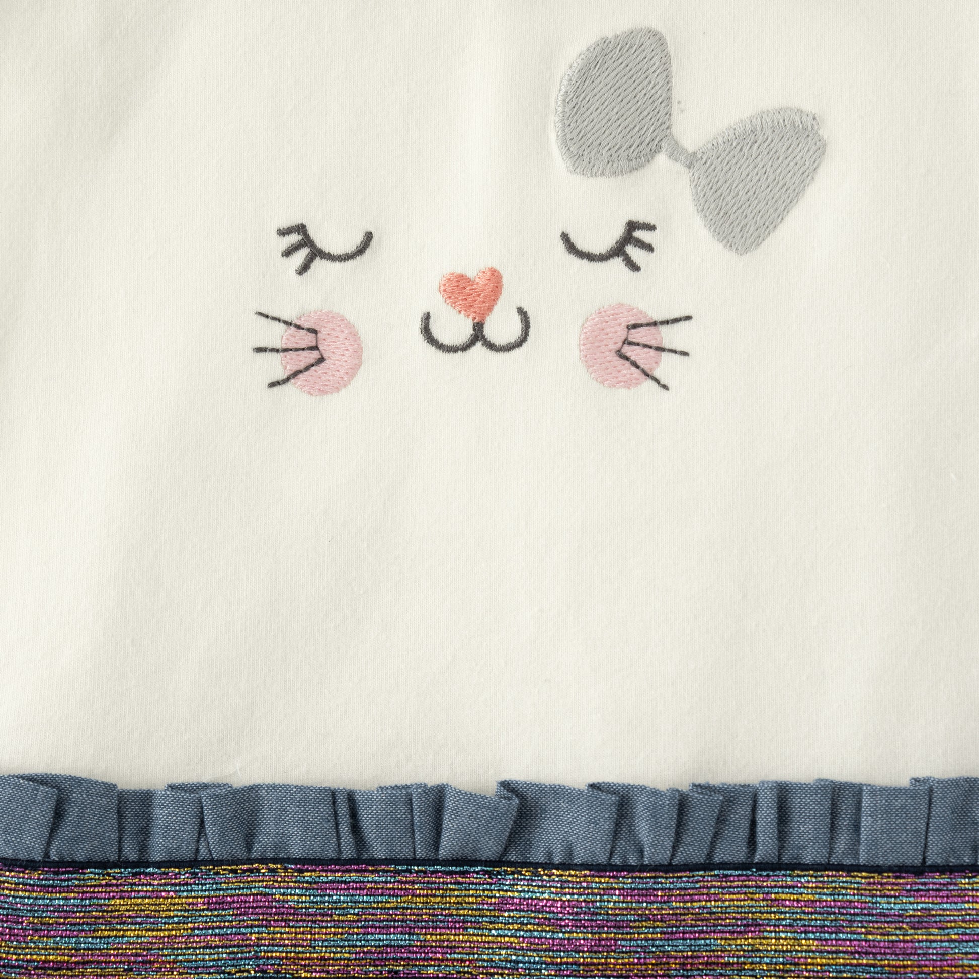 "Baby Girls White & Blue Cat Face Peter Pan Collar Dress with Long Sleeves"