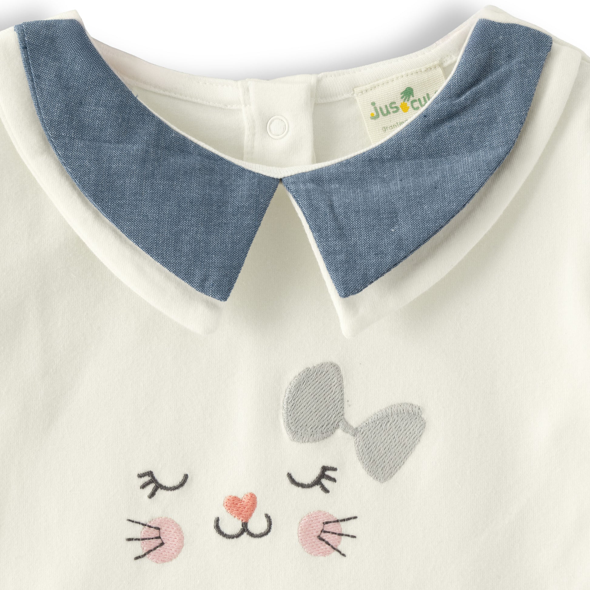 "Baby Girls White & Blue Cat Face Peter Pan Collar Dress with Long Sleeves"