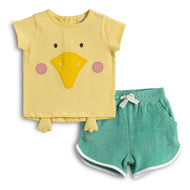 "Baby Girls Duck Face Yellow T-Shirt & Green Terry Shorts Set"