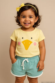 "Baby Girls Duck Face Yellow T-Shirt & Green Terry Shorts Set"