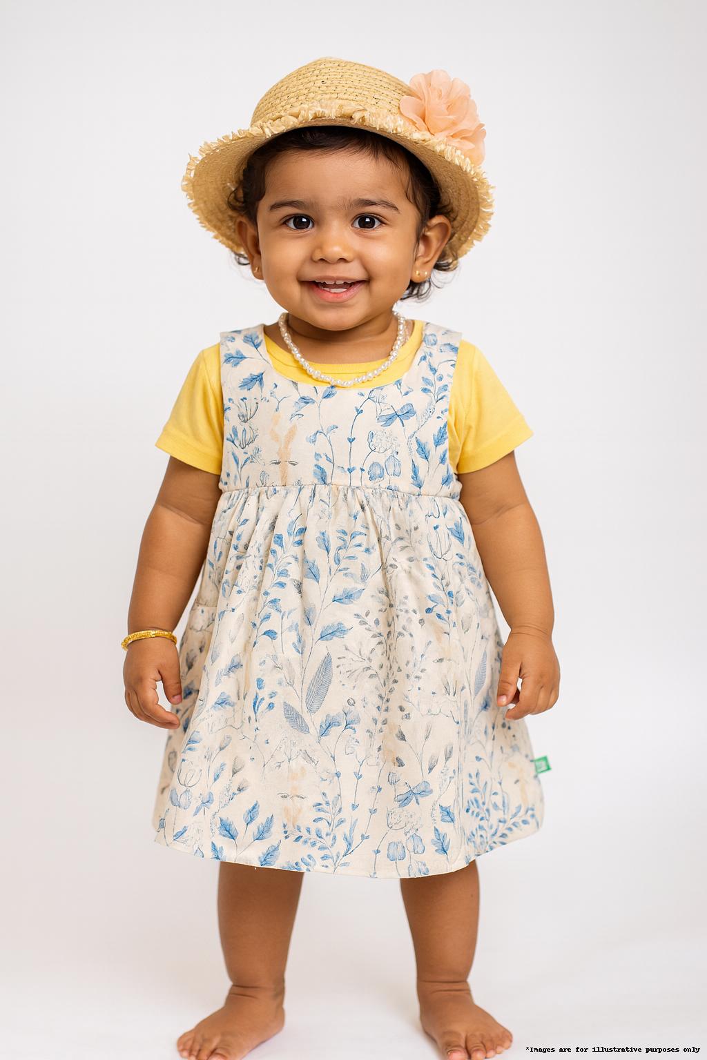 "Baby Girls Cotton Printed Pinafore Dress with Yellow Inner Tee – Cream & Blue Floral”