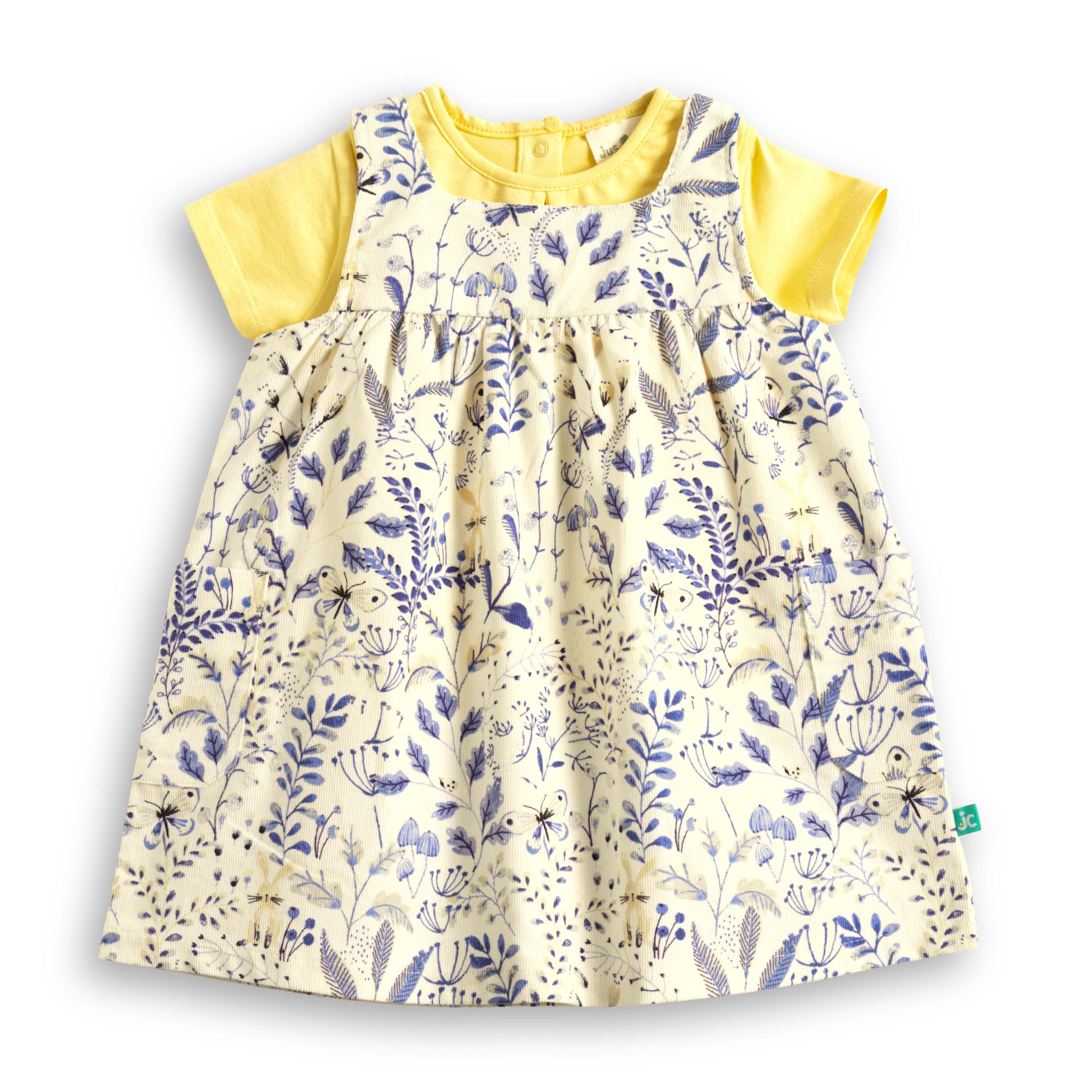 "Baby Girls Cotton Printed Pinafore Dress with Yellow Inner Tee – Cream & Blue Floral”