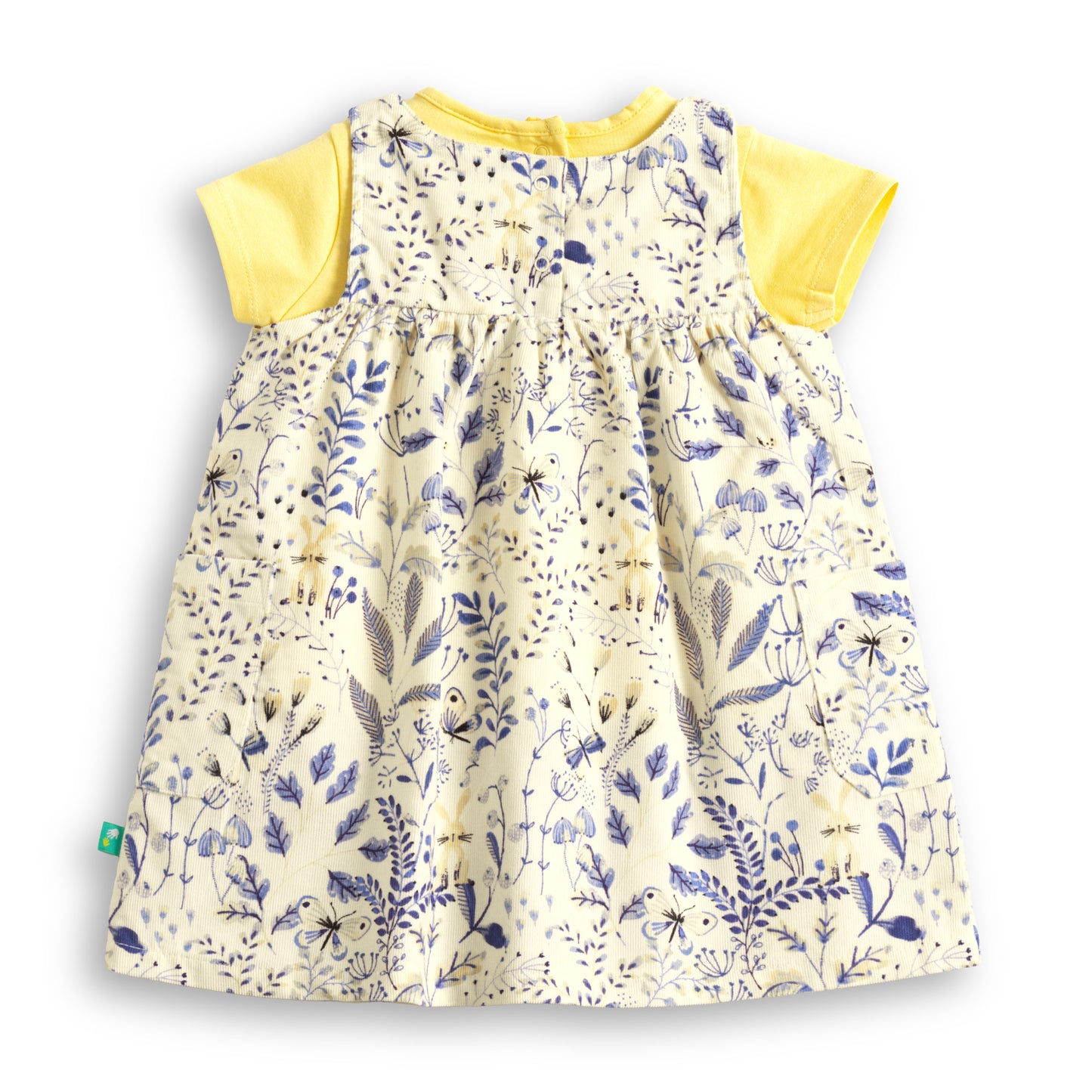 "Baby Girls Cotton Printed Pinafore Dress with Yellow Inner Tee – Cream & Blue Floral”