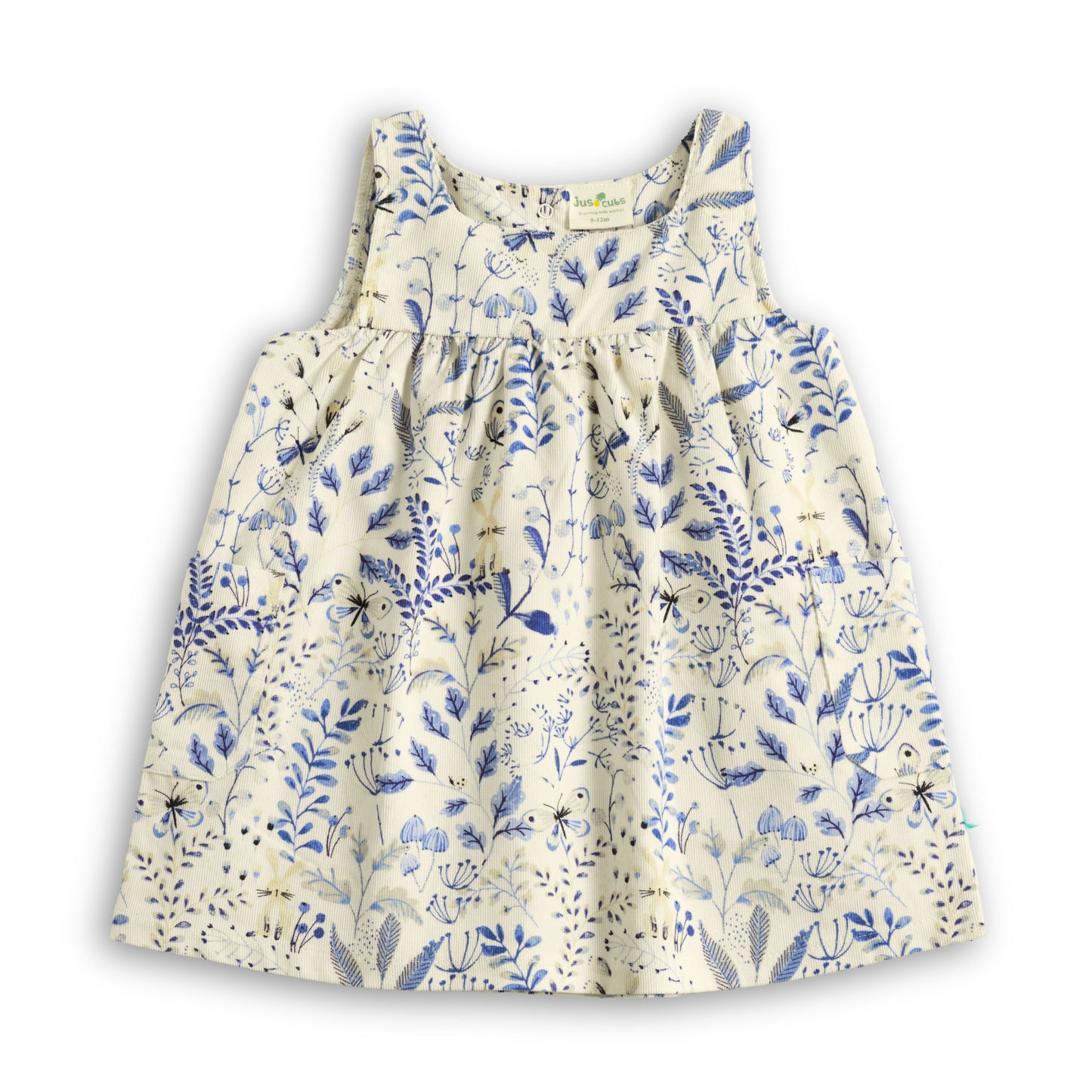 "Baby Girls Cotton Printed Pinafore Dress with Yellow Inner Tee – Cream & Blue Floral”