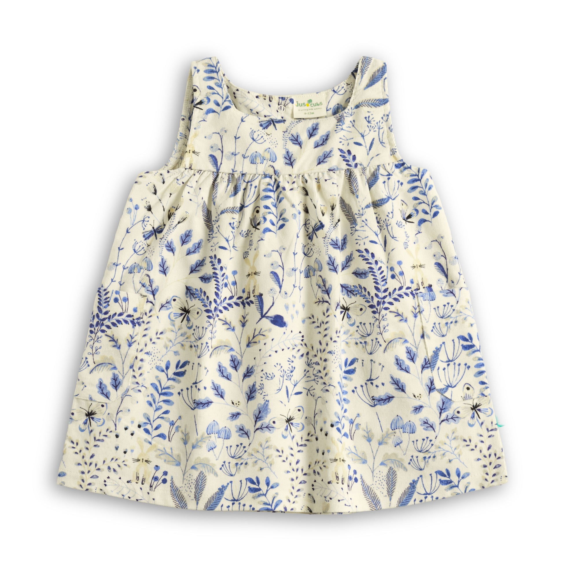 "Baby Girls Cotton Printed Pinafore Dress with Yellow Inner Tee – Cream & Blue Floral”