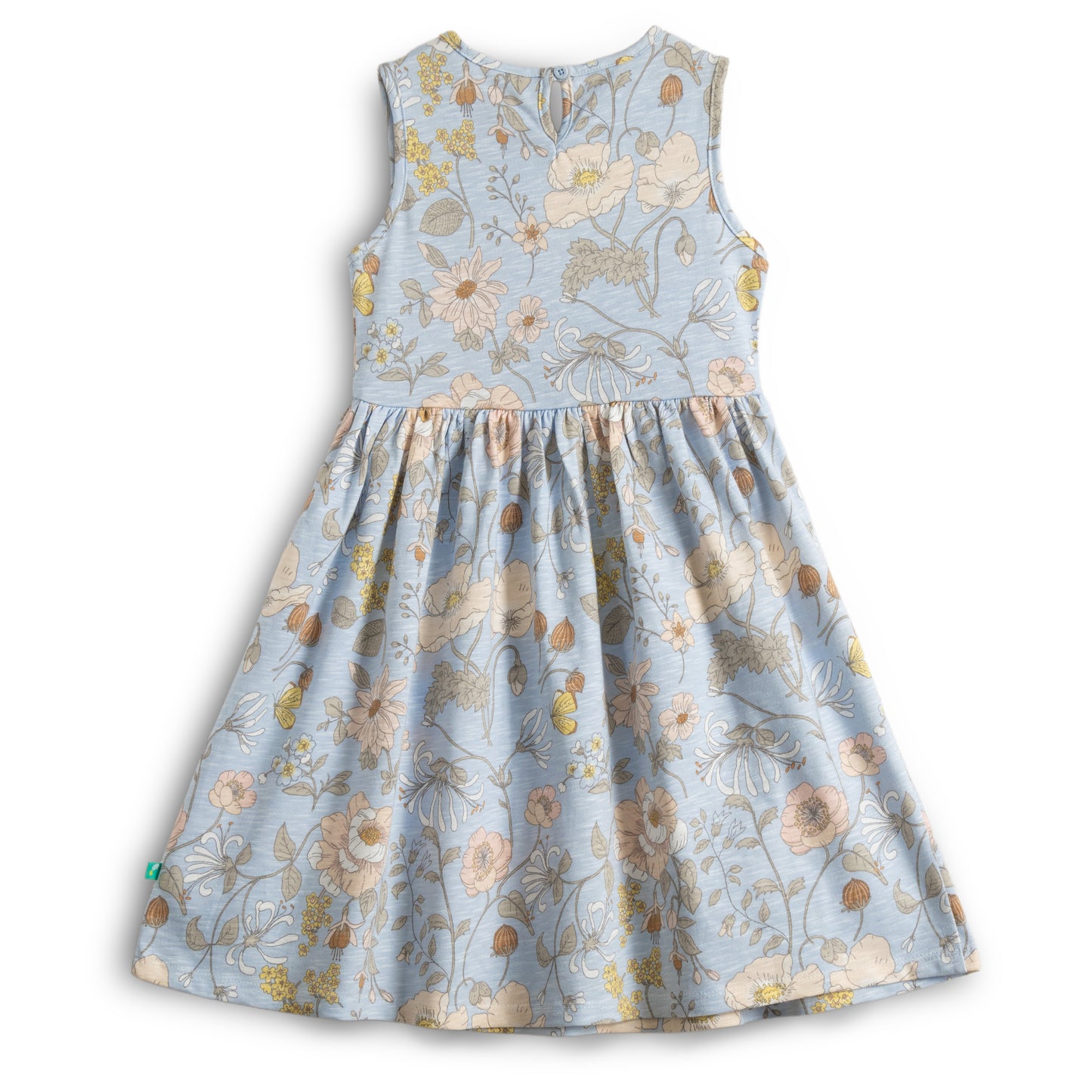 “Girls Sleeveless Cotton Floral Frock with Bow Detail – Sky Blue”