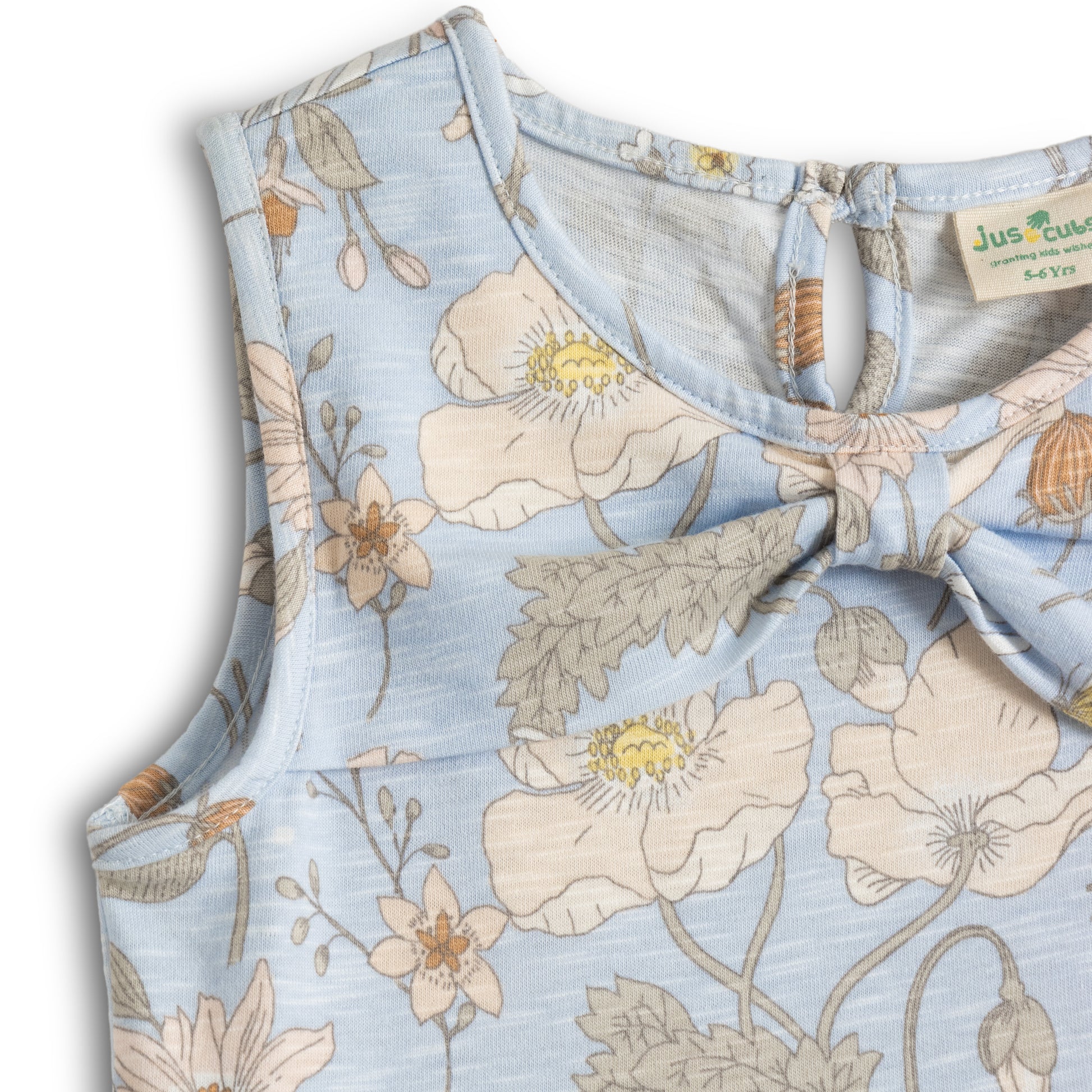 “Girls Sleeveless Cotton Floral Frock with Bow Detail – Sky Blue”