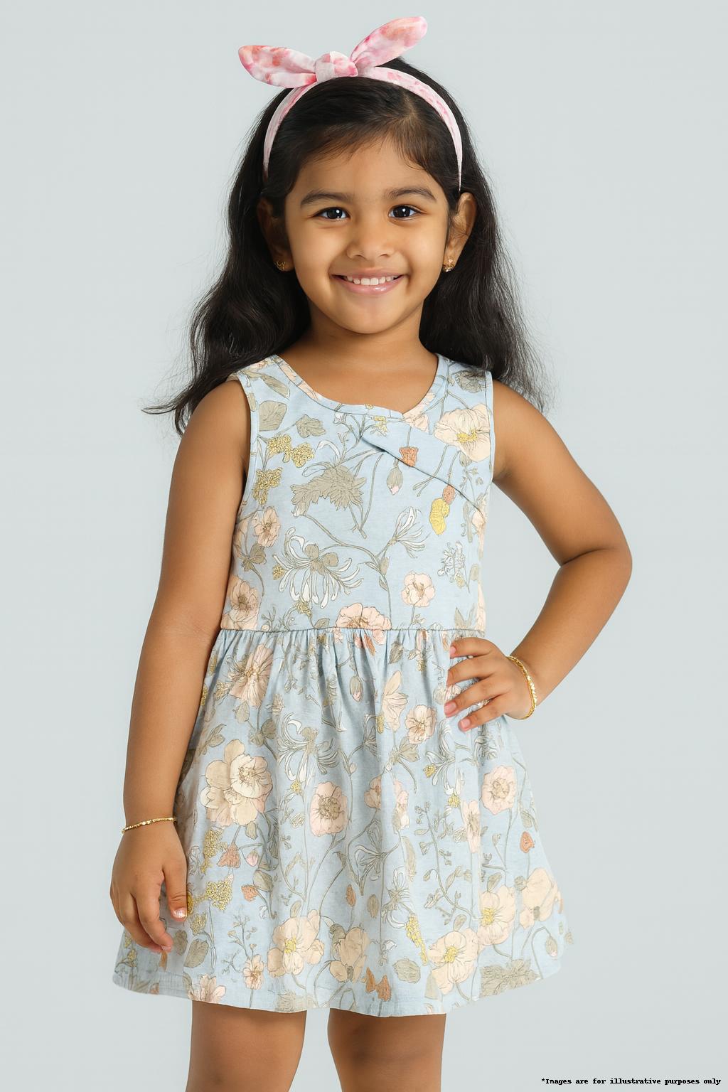 “Girls Sleeveless Cotton Floral Frock with Bow Detail – Sky Blue”
