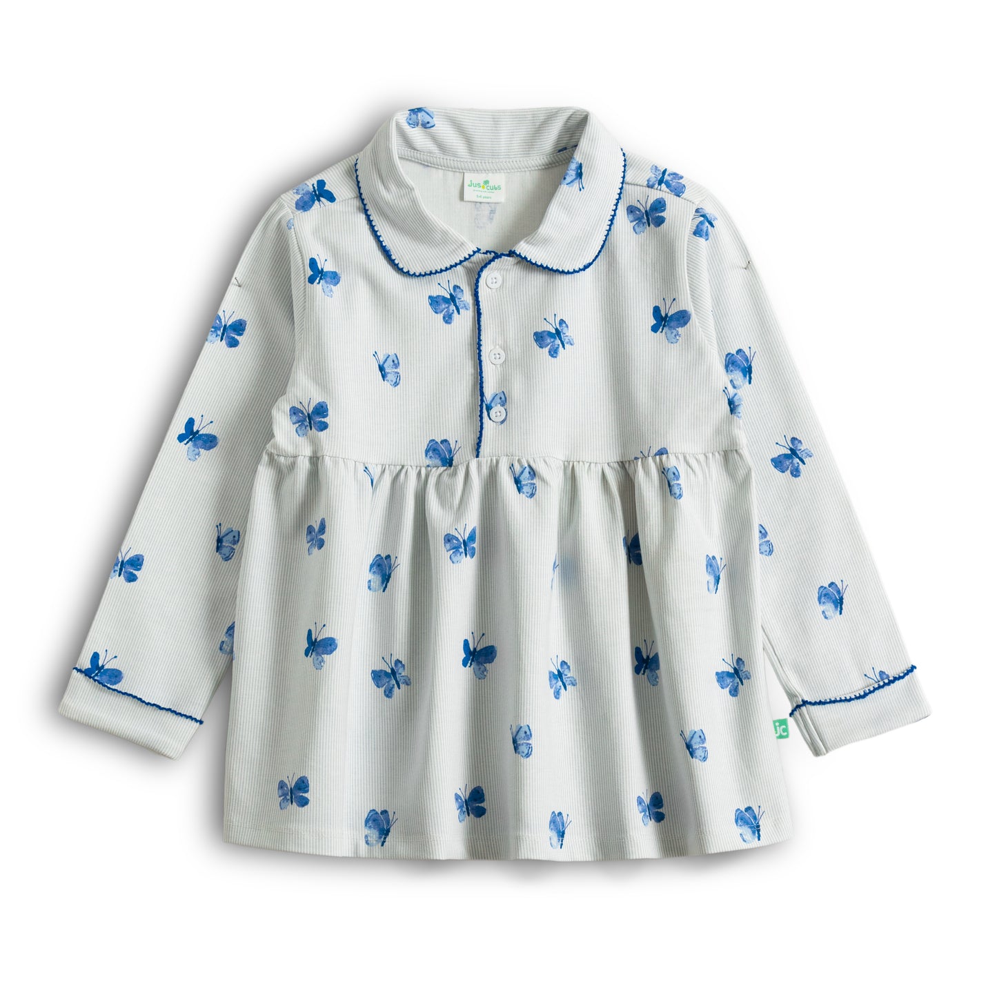 “Girls Cotton Nightwear Set with Blue Butterfly Print – Full Sleeves & Pyjamas”