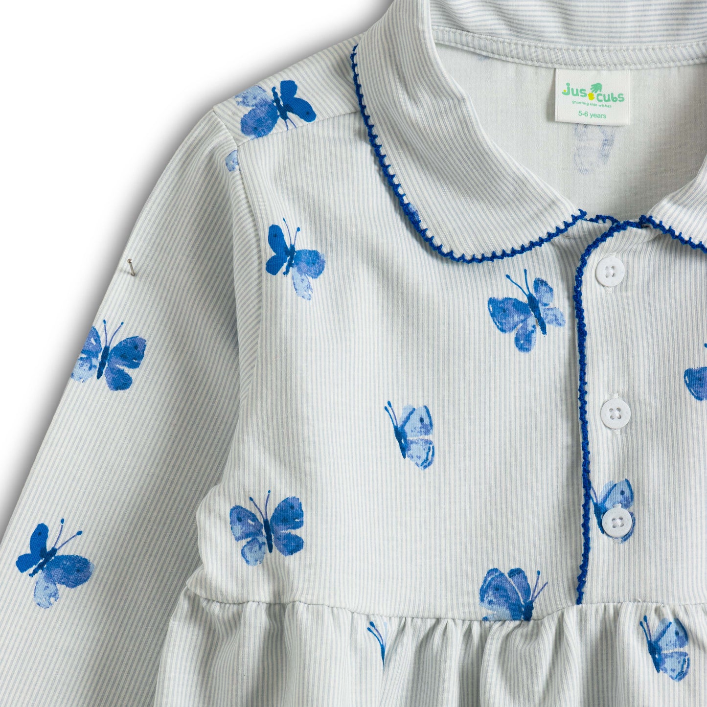 “Girls Cotton Nightwear Set with Blue Butterfly Print – Full Sleeves & Pyjamas”