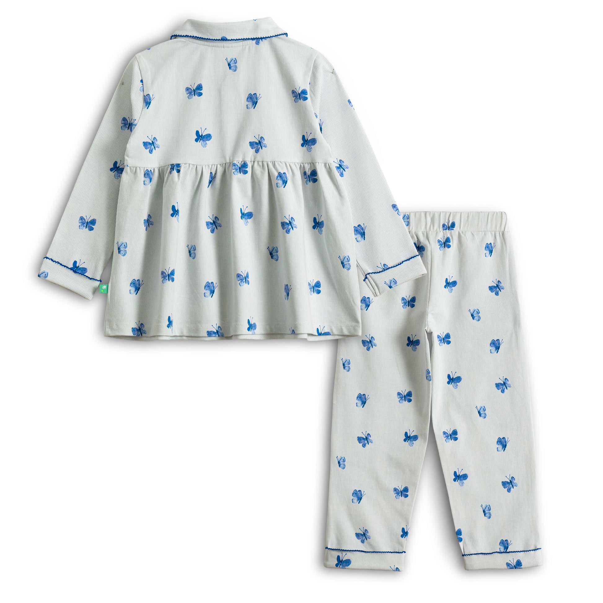 “Girls Cotton Nightwear Set with Blue Butterfly Print – Full Sleeves & Pyjamas”