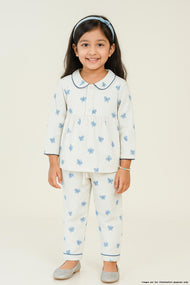 “Girls Cotton Nightwear Set with Blue Butterfly Print – Full Sleeves & Pyjamas”