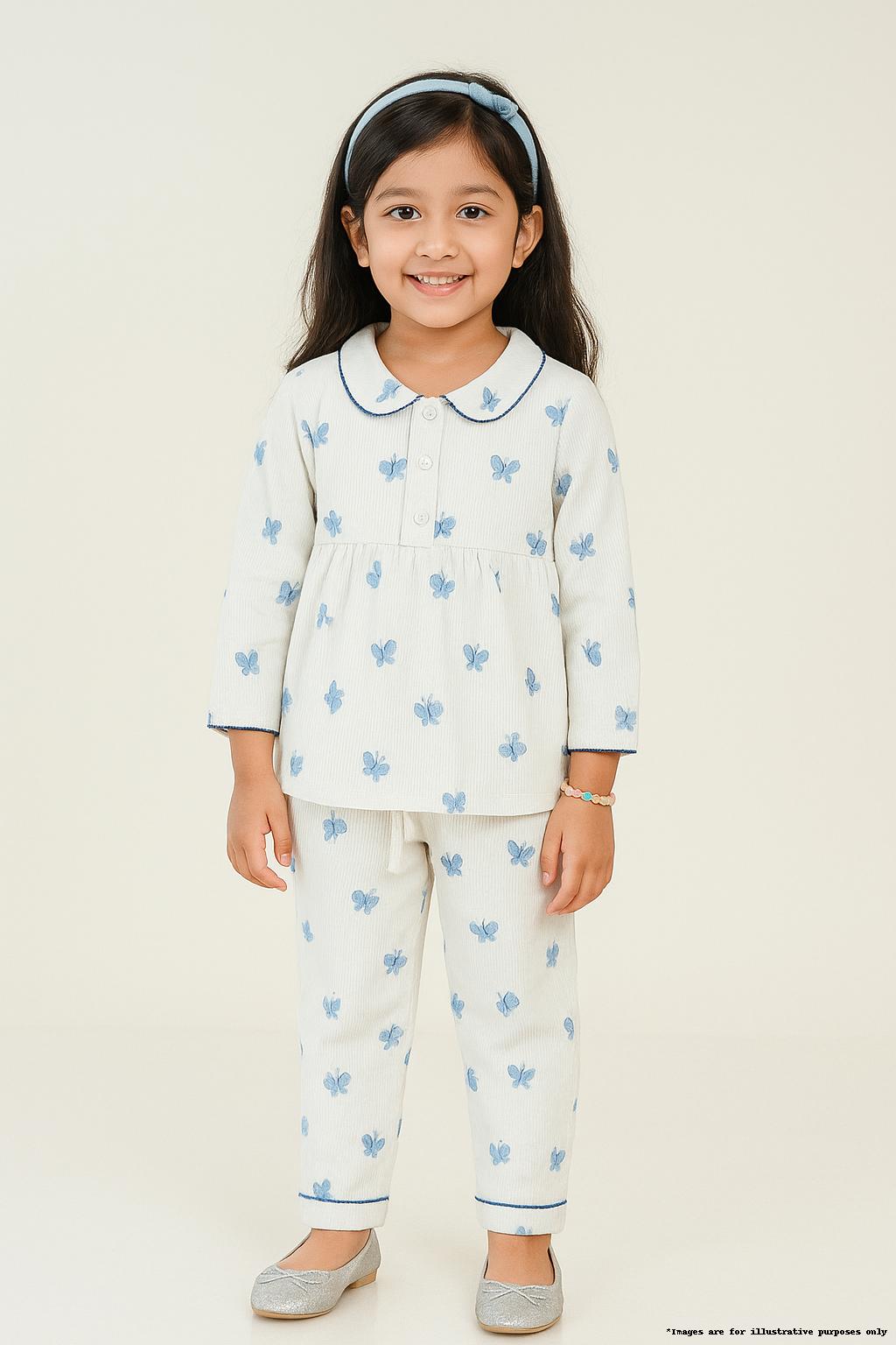 “Girls Cotton Nightwear Set with Blue Butterfly Print – Full Sleeves & Pyjamas”