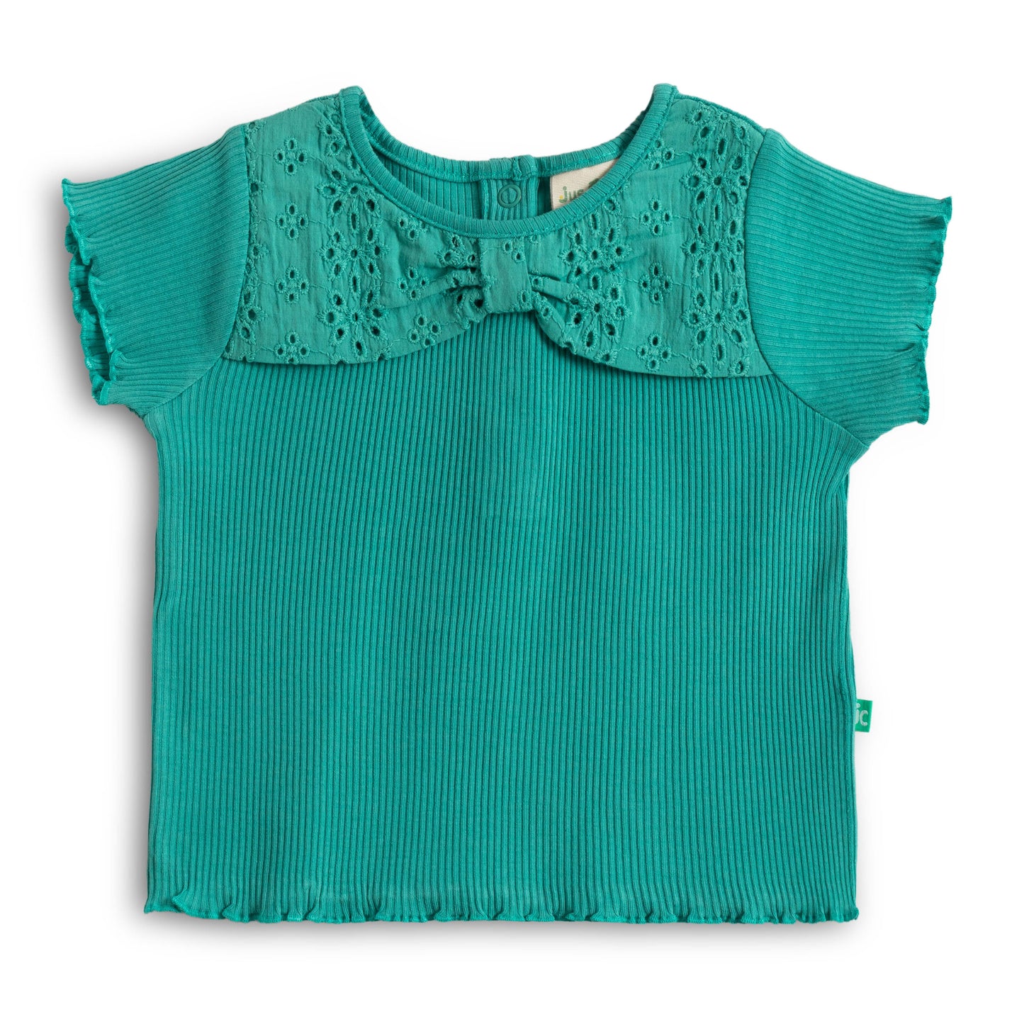 “Baby Girls Cotton Co-ord Set with Lace Bow Detail Top & Shorts – Teal Green”