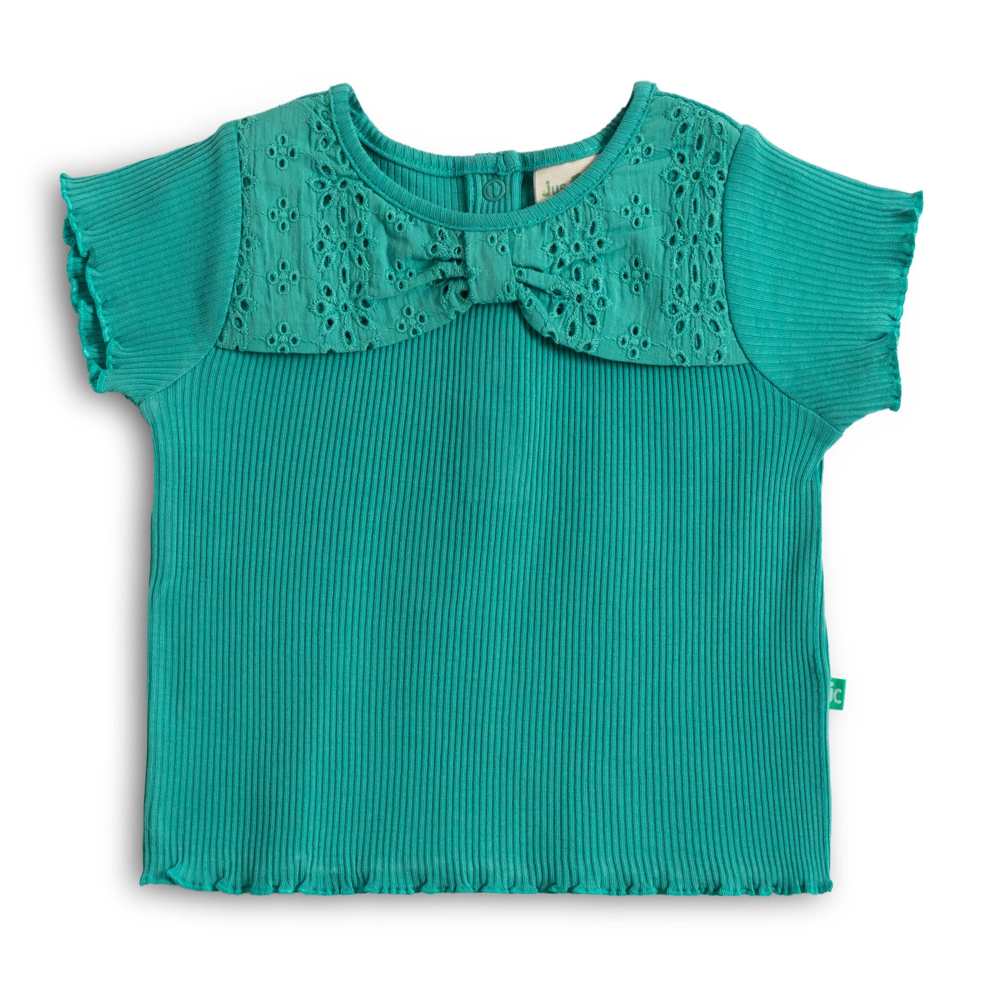 “Baby Girls Cotton Co-ord Set with Lace Bow Detail Top & Shorts – Teal Green”
