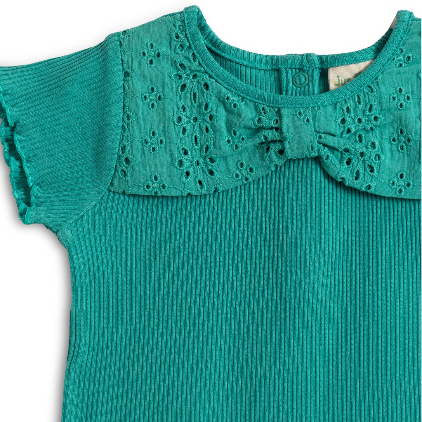 “Baby Girls Cotton Co-ord Set with Lace Bow Detail Top & Shorts – Teal Green”