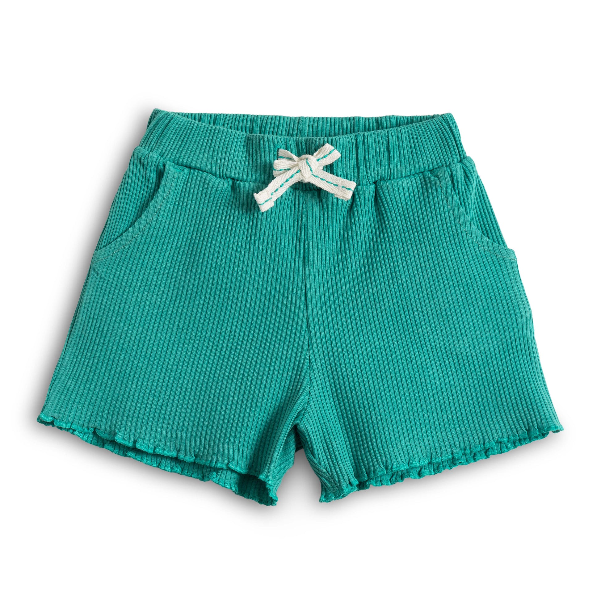 “Baby Girls Cotton Co-ord Set with Lace Bow Detail Top & Shorts – Teal Green”