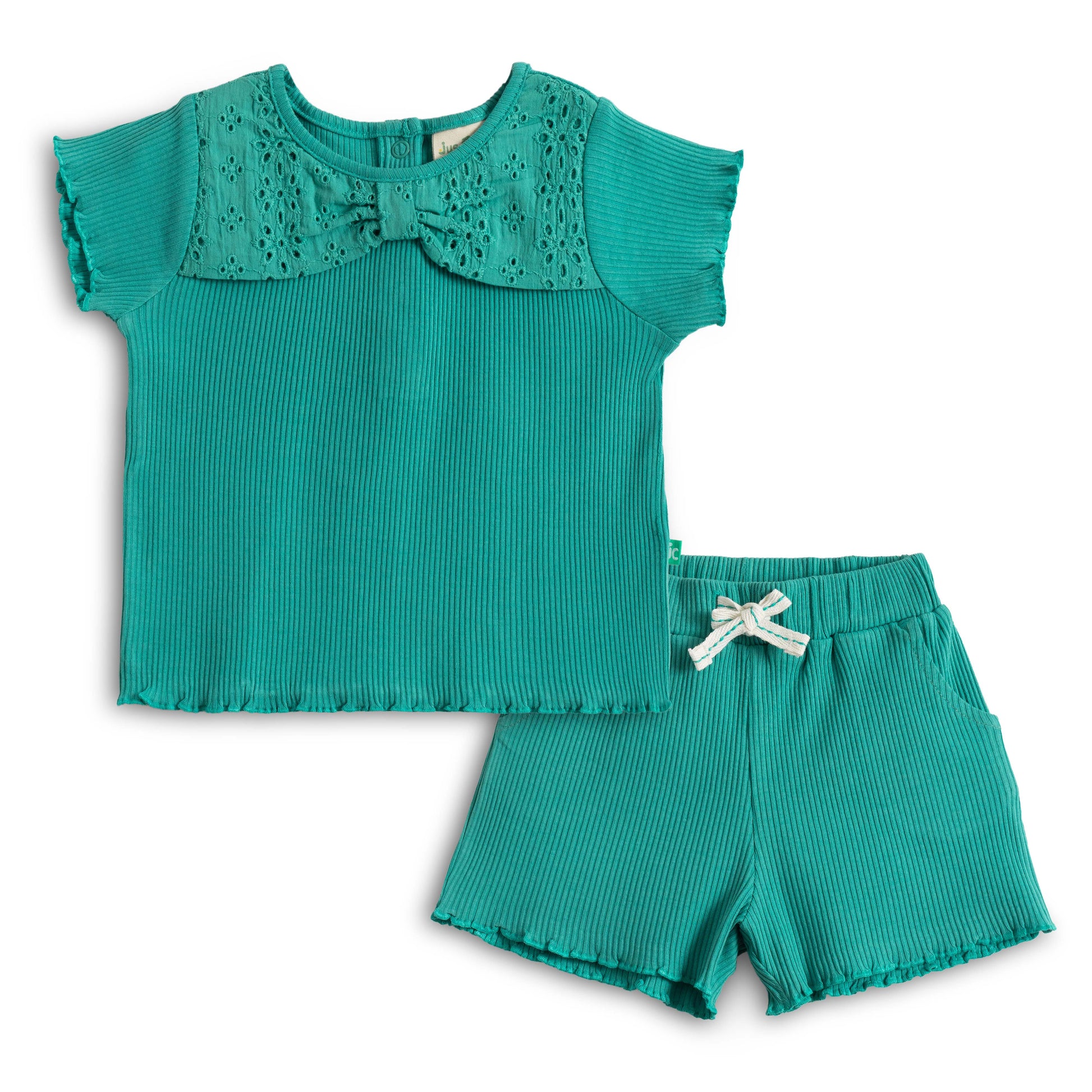 “Baby Girls Cotton Co-ord Set with Lace Bow Detail Top & Shorts – Teal Green”