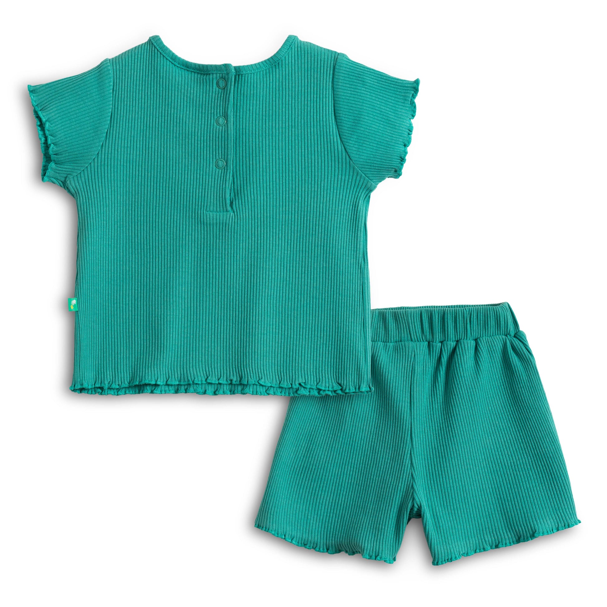 “Baby Girls Cotton Co-ord Set with Lace Bow Detail Top & Shorts – Teal Green”