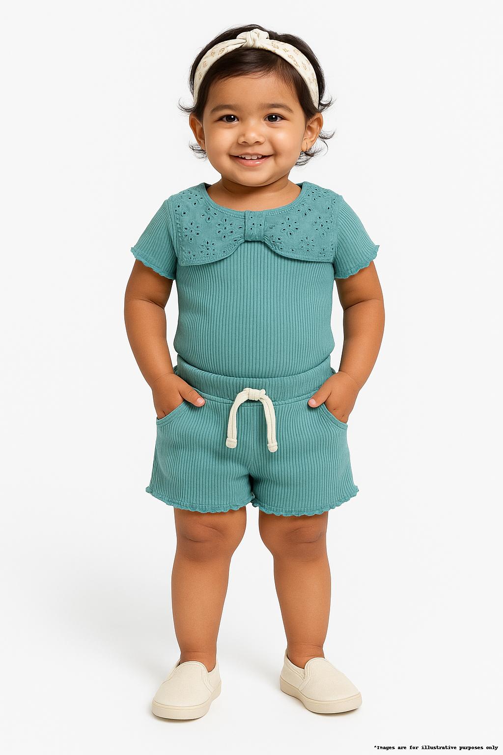 “Baby Girls Cotton Co-ord Set with Lace Bow Detail Top & Shorts – Teal Green”