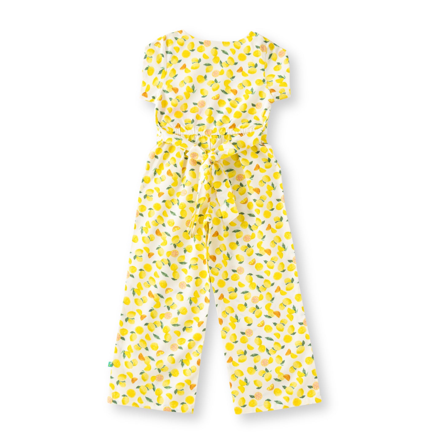 “Girls Cotton Half Sleeve Jumpsuit with Allover Lemon Print – White & Yellow”