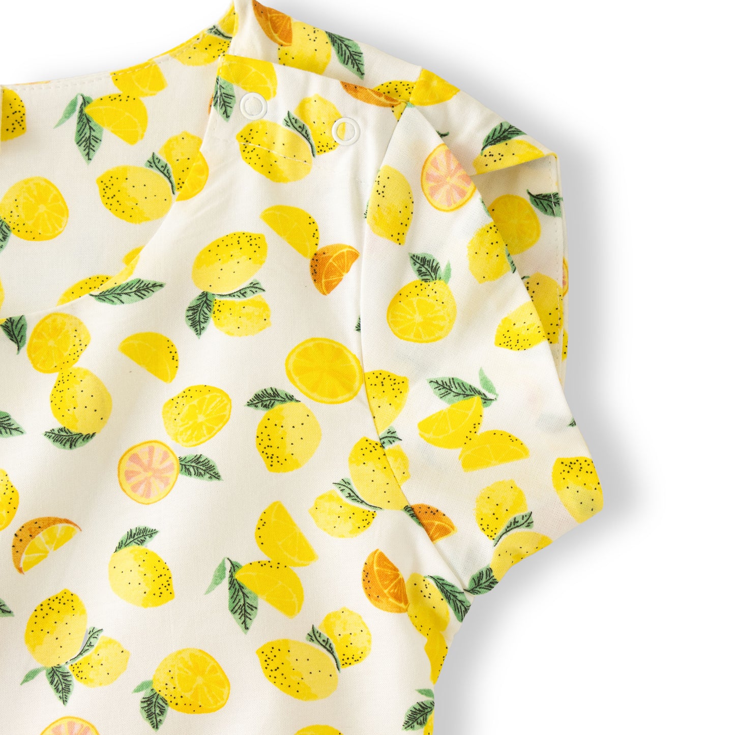 “Girls Cotton Half Sleeve Jumpsuit with Allover Lemon Print – White & Yellow”