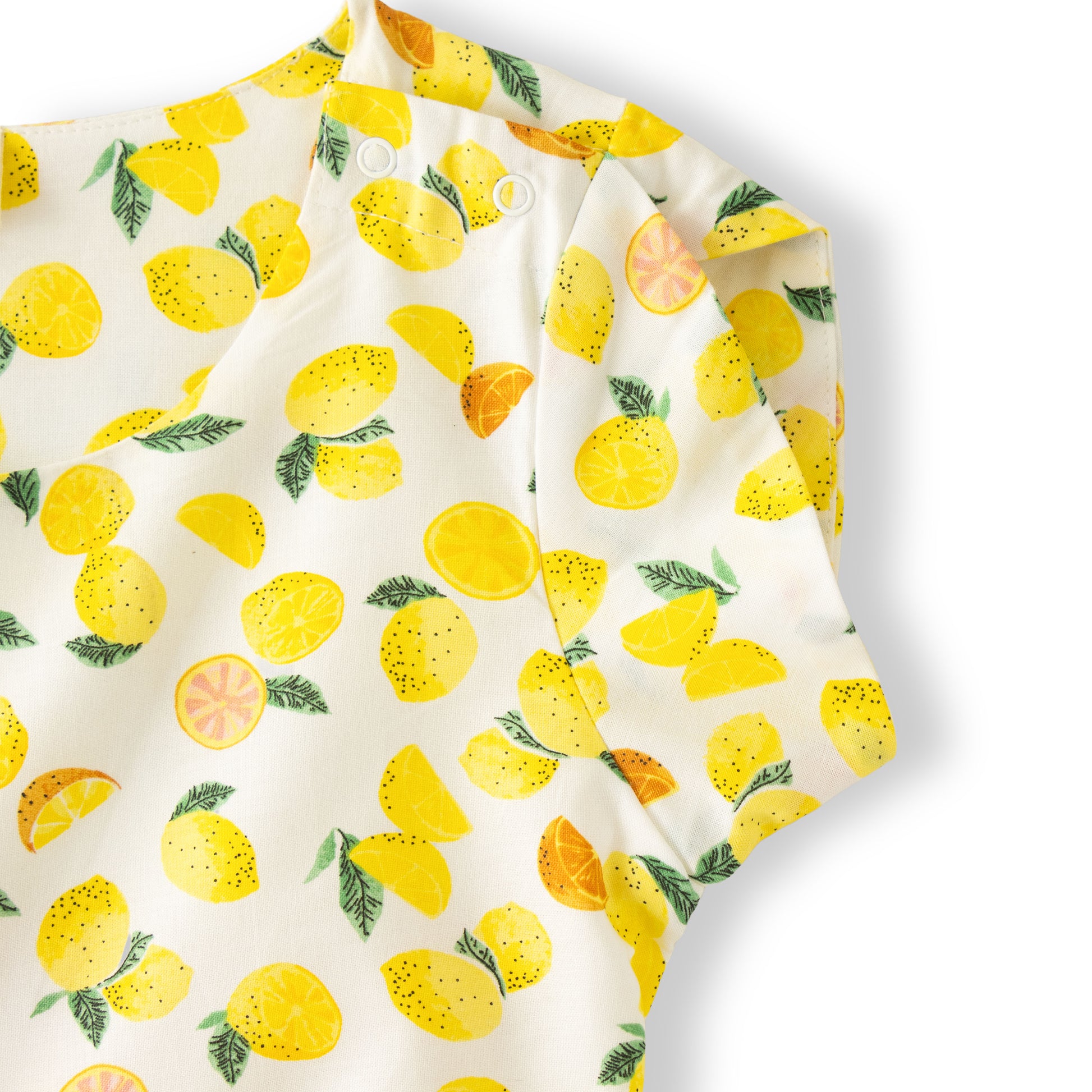 “Girls Cotton Half Sleeve Jumpsuit with Allover Lemon Print – White & Yellow”