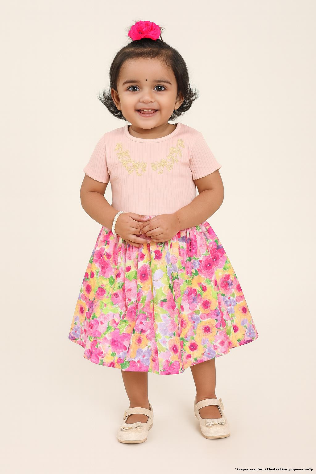 “Girls Cotton Frock with Embroidered Bodice & Floral Print Skirt – Pink & Multicolor”