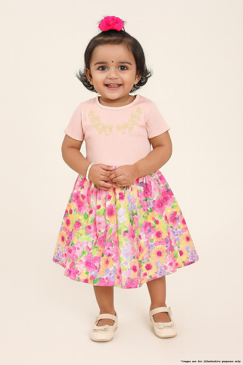 “Girls Cotton Frock with Embroidered Bodice & Floral Print Skirt – Pink & Multicolor”