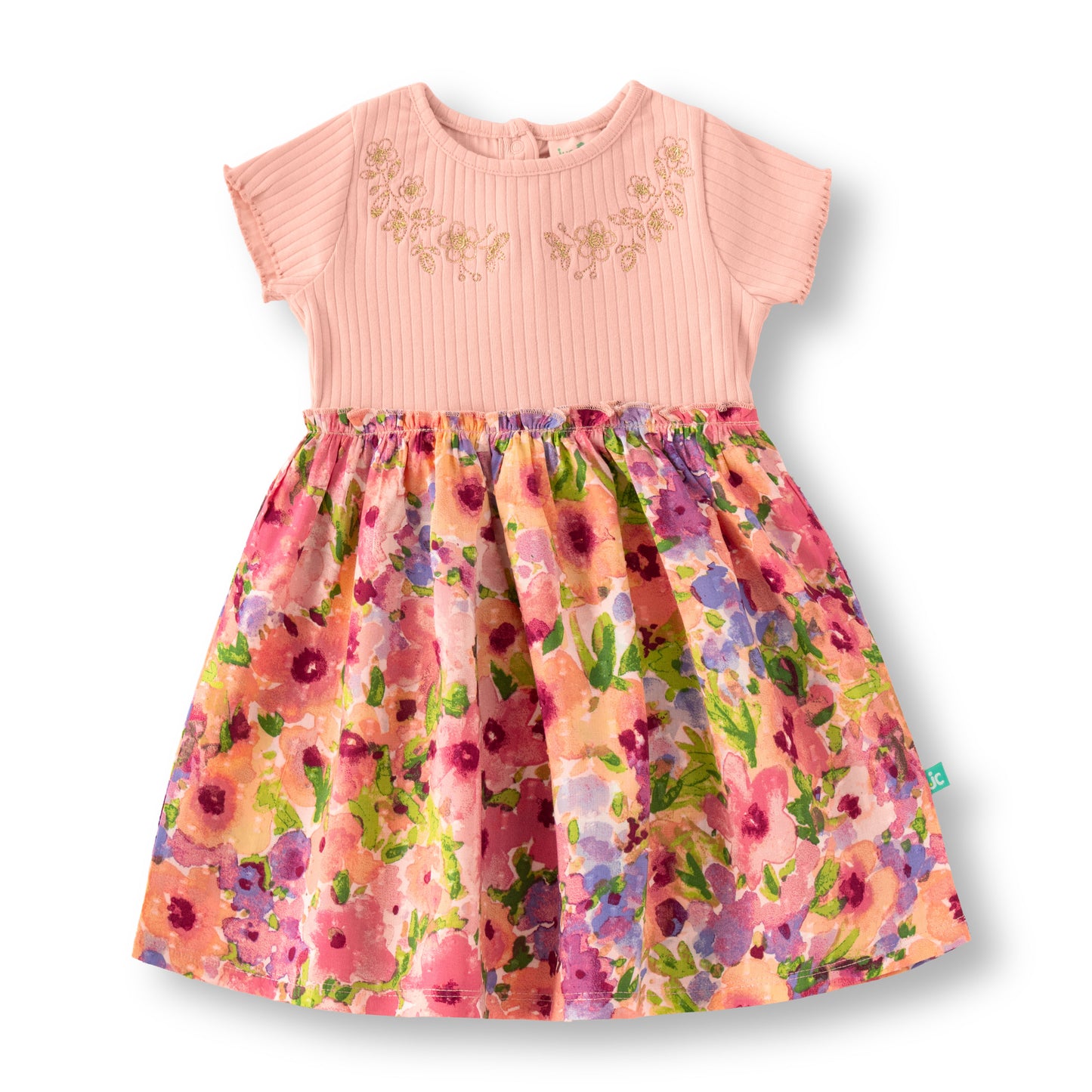 “Girls Cotton Frock with Embroidered Bodice & Floral Print Skirt – Pink & Multicolor”