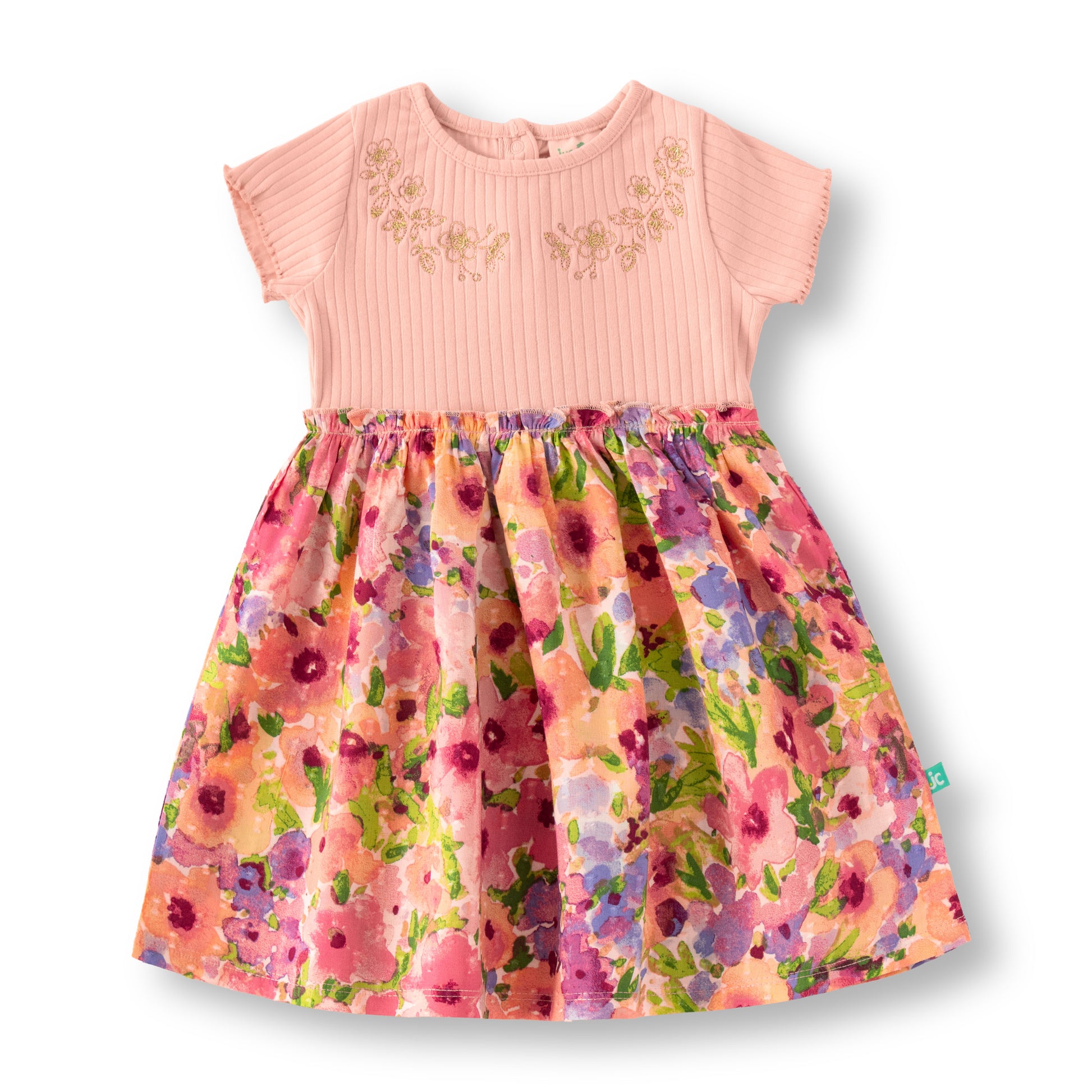 “Girls Cotton Frock with Embroidered Bodice & Floral Print Skirt – Pink & Multicolor”