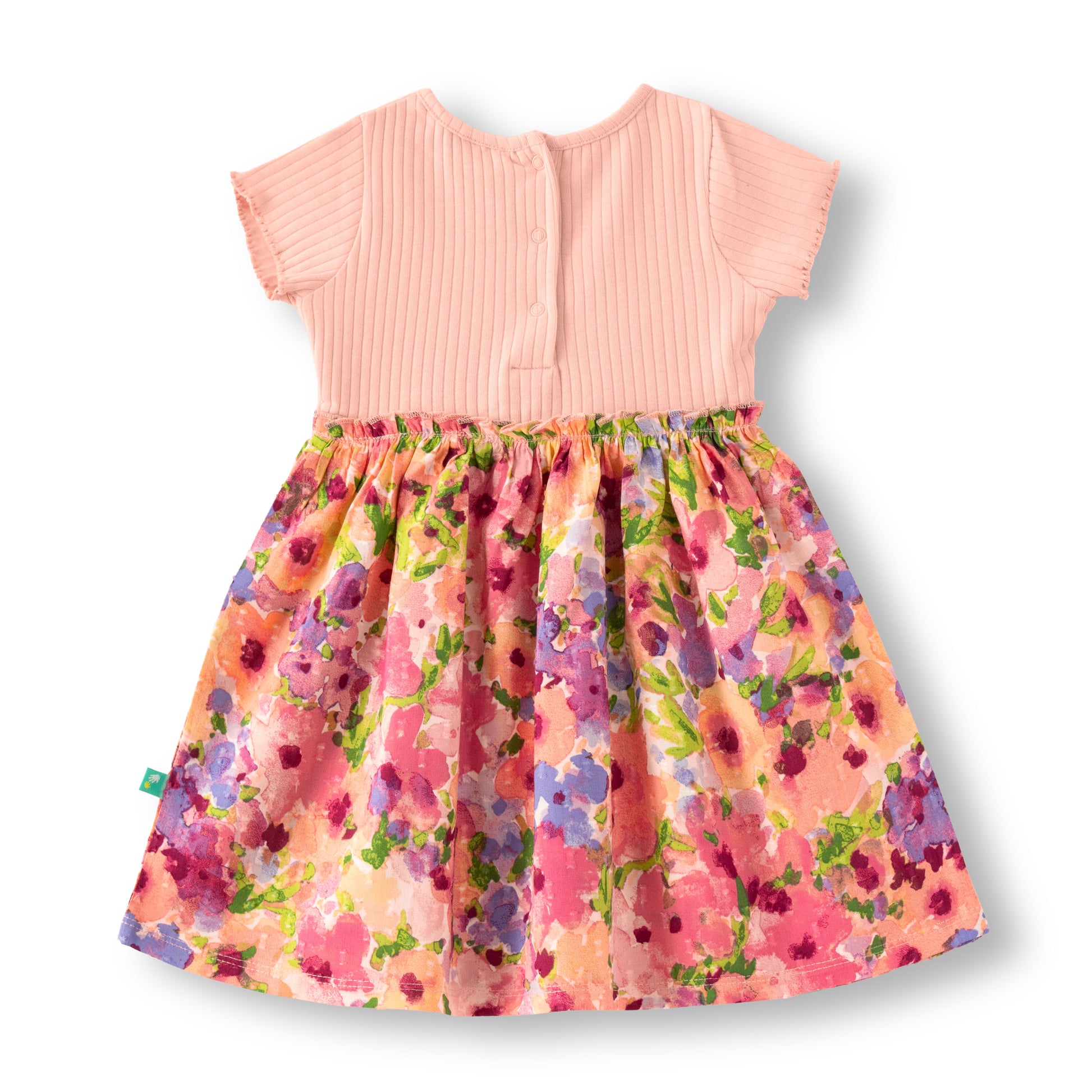 “Girls Cotton Frock with Embroidered Bodice & Floral Print Skirt – Pink & Multicolor”