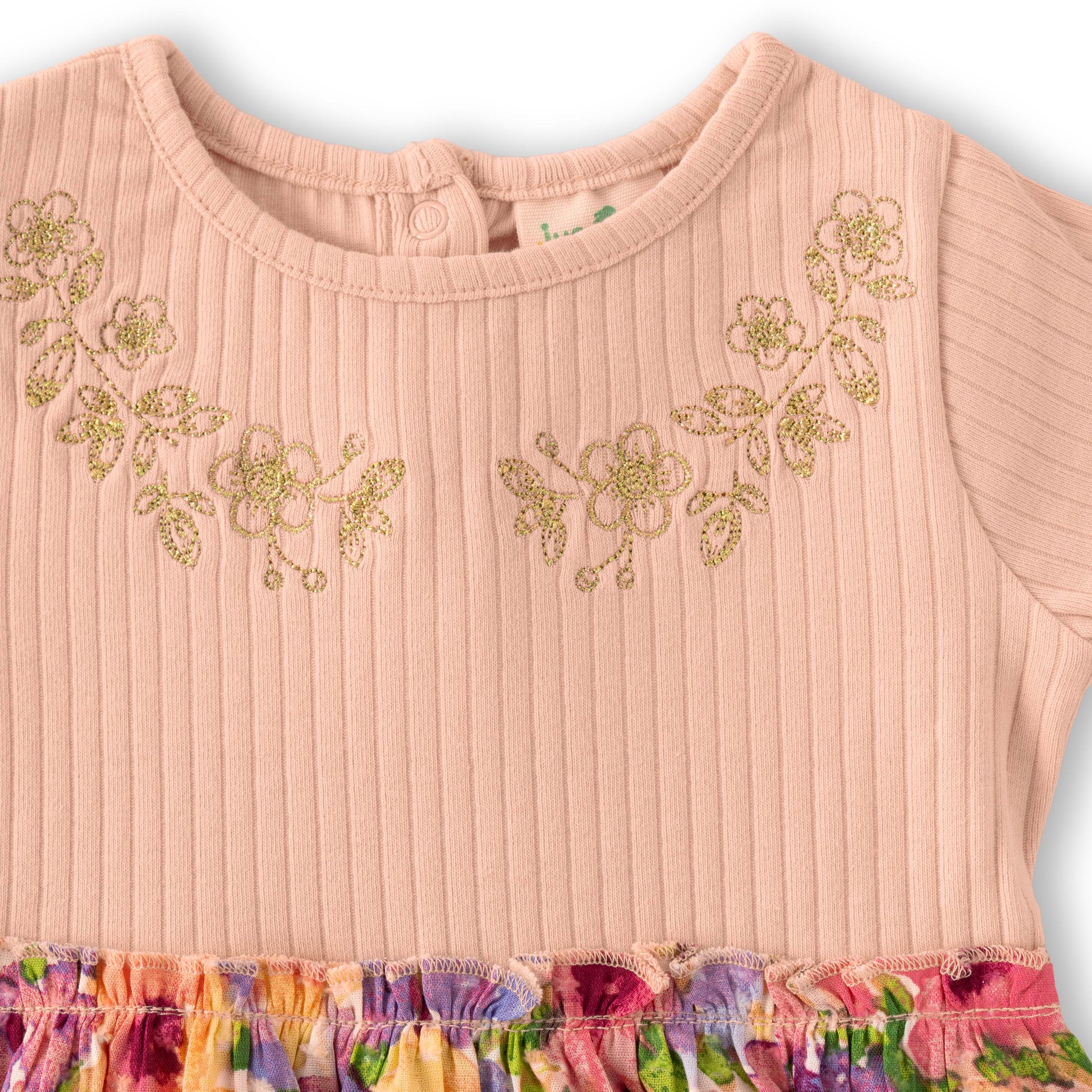 “Girls Cotton Frock with Embroidered Bodice & Floral Print Skirt – Pink & Multicolor”