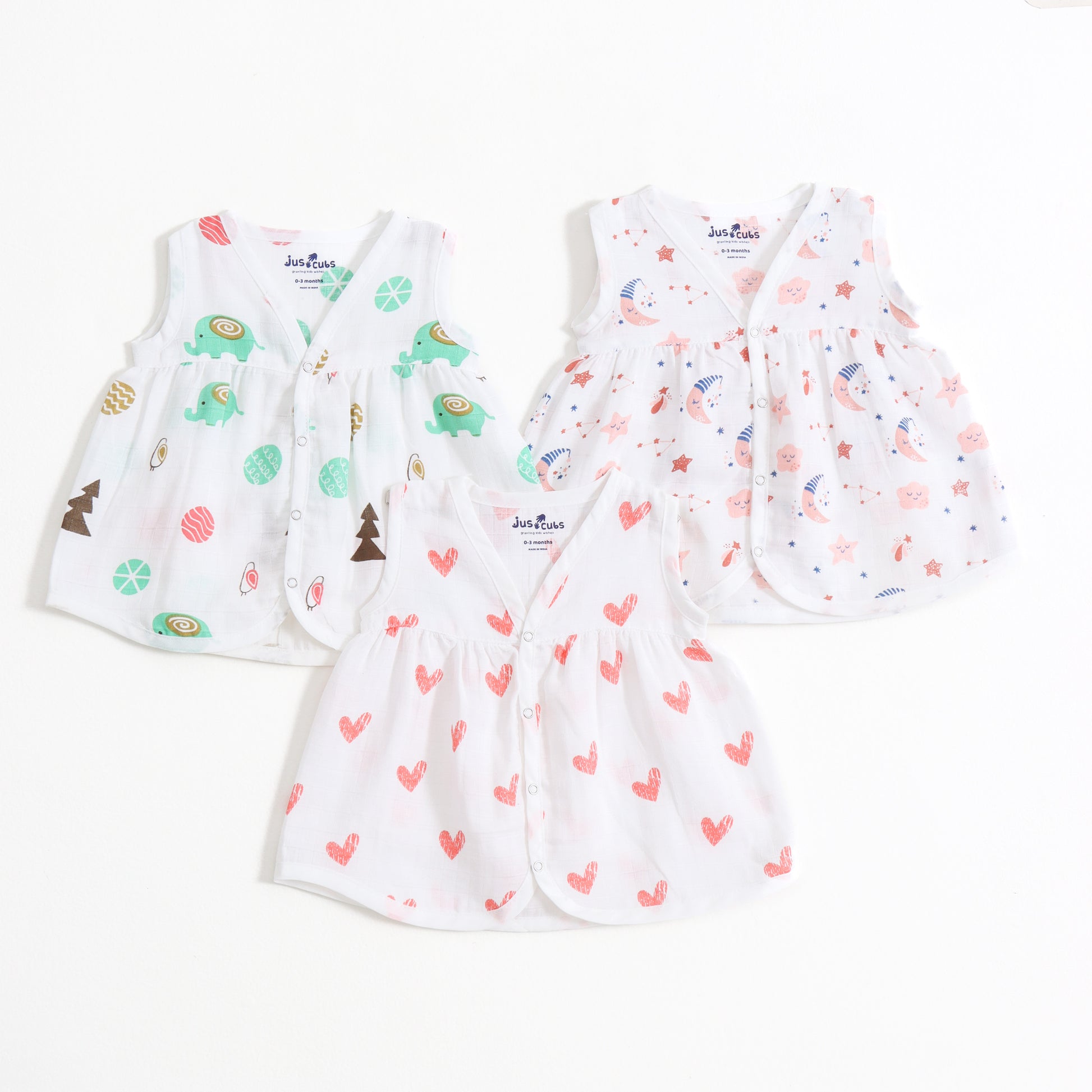 Baby Girls Muslin Sleeveless Front Open Jabla Dress Pack of 3