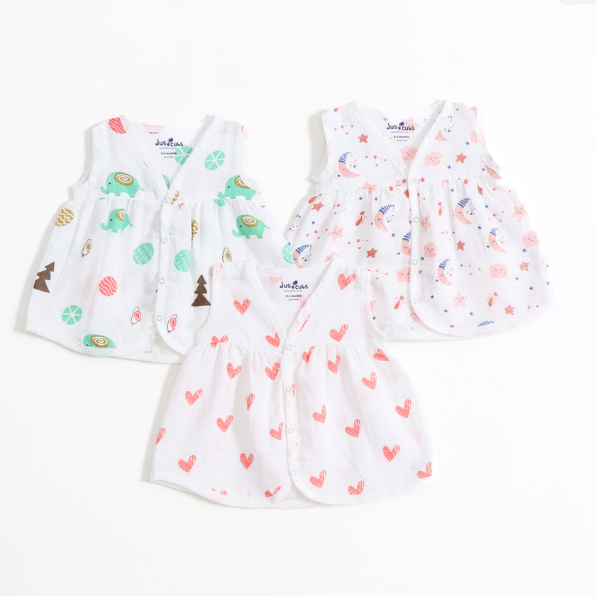 Baby Girls Muslin Sleeveless Front Open Jabla Dress Pack of 3