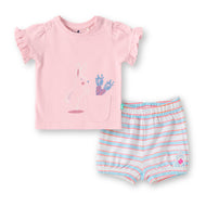 "Baby Girls Cotton Bunny Print Pink T-shirt & Striped Shorts Set"