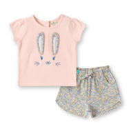 "Baby Girls Pink Bunny Face T-shirt with Floral Print Shorts Set"