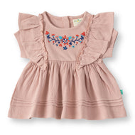 "Baby Girls Pink Cotton Top with Floral Embroidery & Ruffle Sleeves"