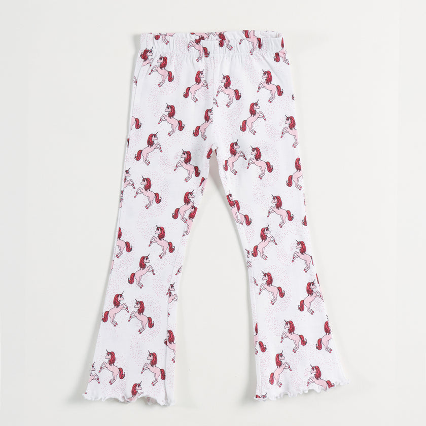 "Girls Printed Unicorn Stretchable Lounge Leggings with Frill Hem"