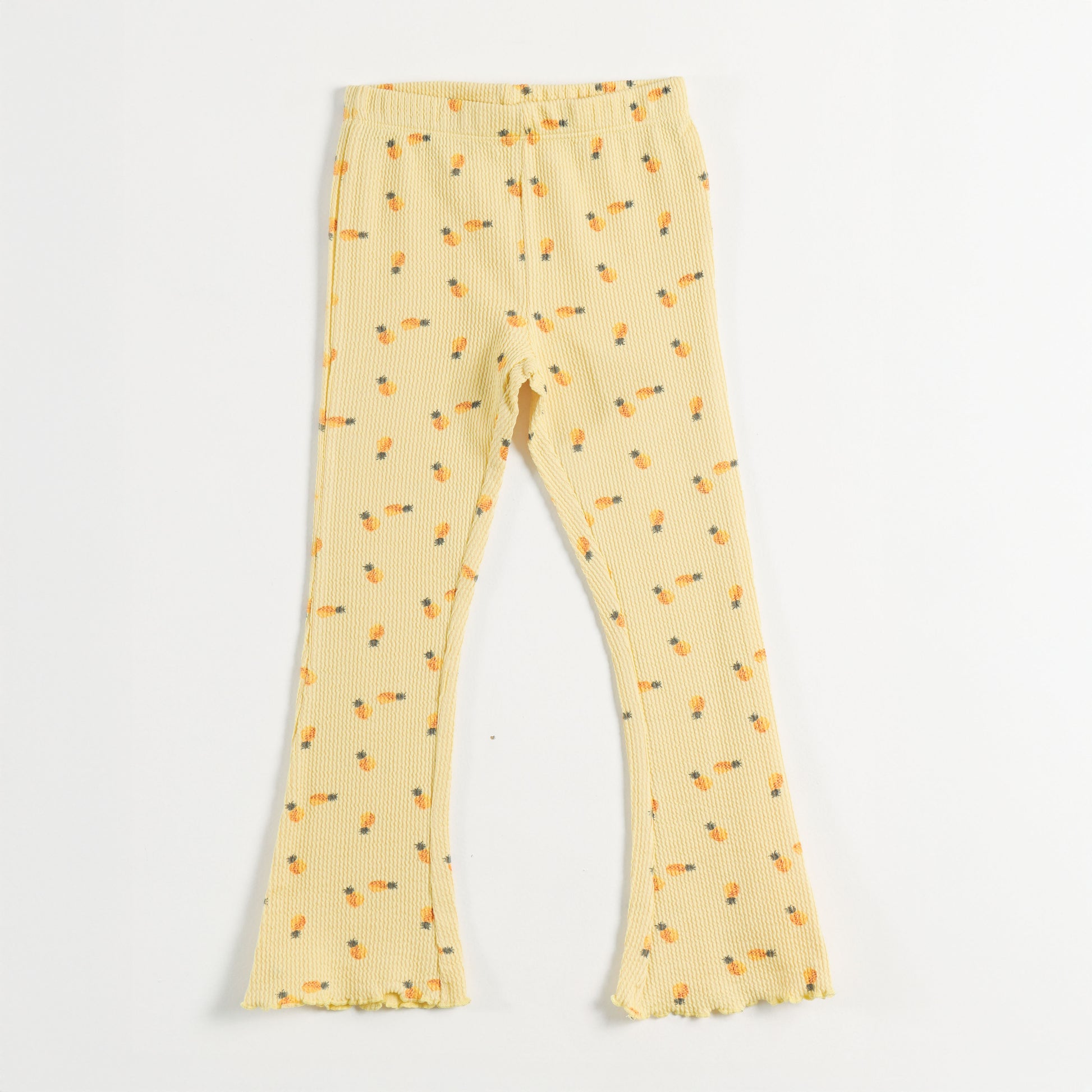 "Girls Yellow All-Over Floral Printed Ribbed Flared Leggings"