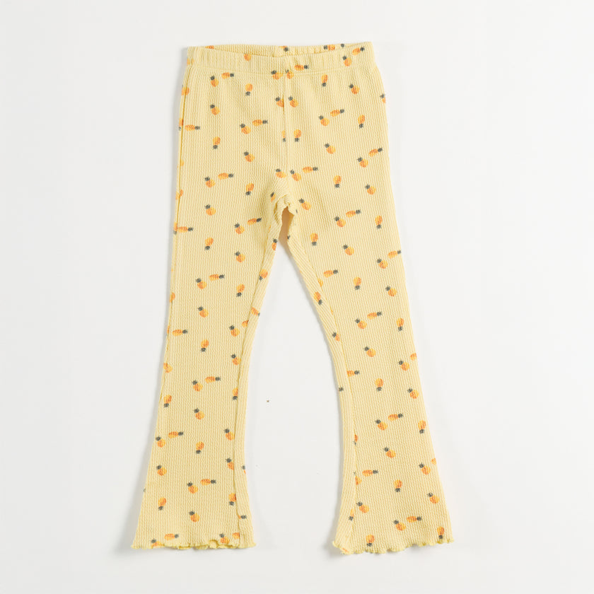 "Girls Yellow All-Over Floral Printed Ribbed Flared Leggings"