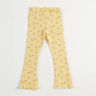 "Girls Yellow All-Over Floral Printed Ribbed Flared Leggings"