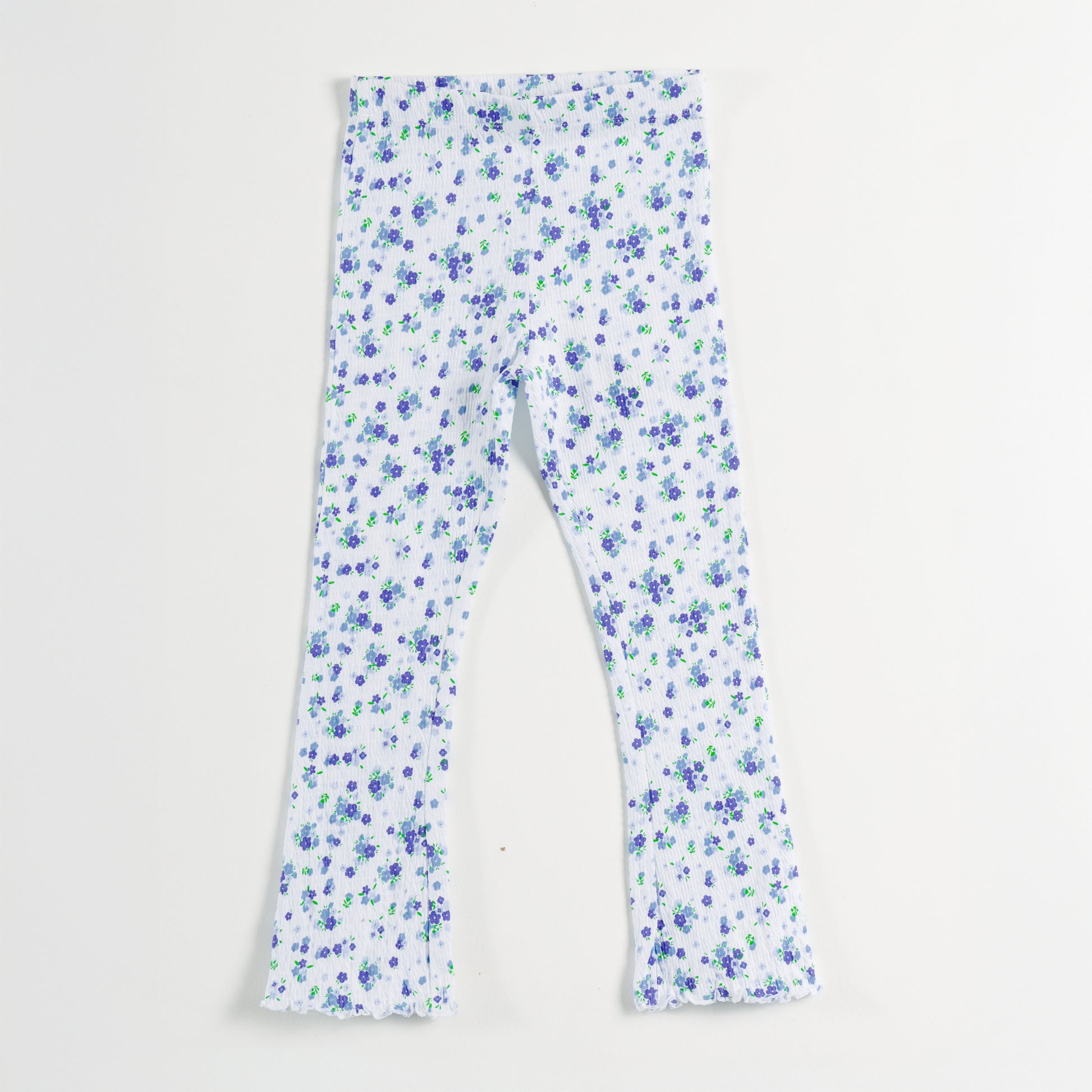 "Girls White & Blue Ribbed Flower Print Stretch Leggings"