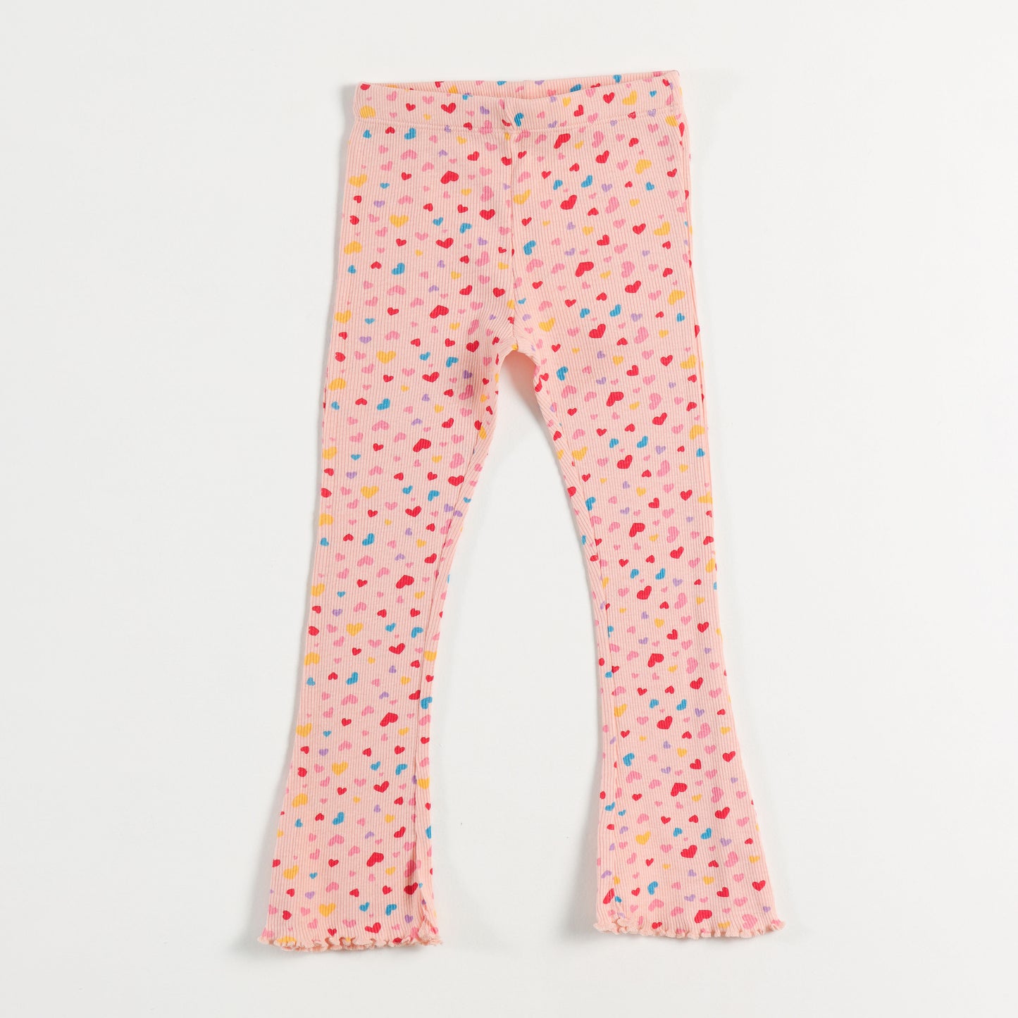 "Girls Pink Ribbed Cotton Leggings with All-Over Multicolor Heart Print"