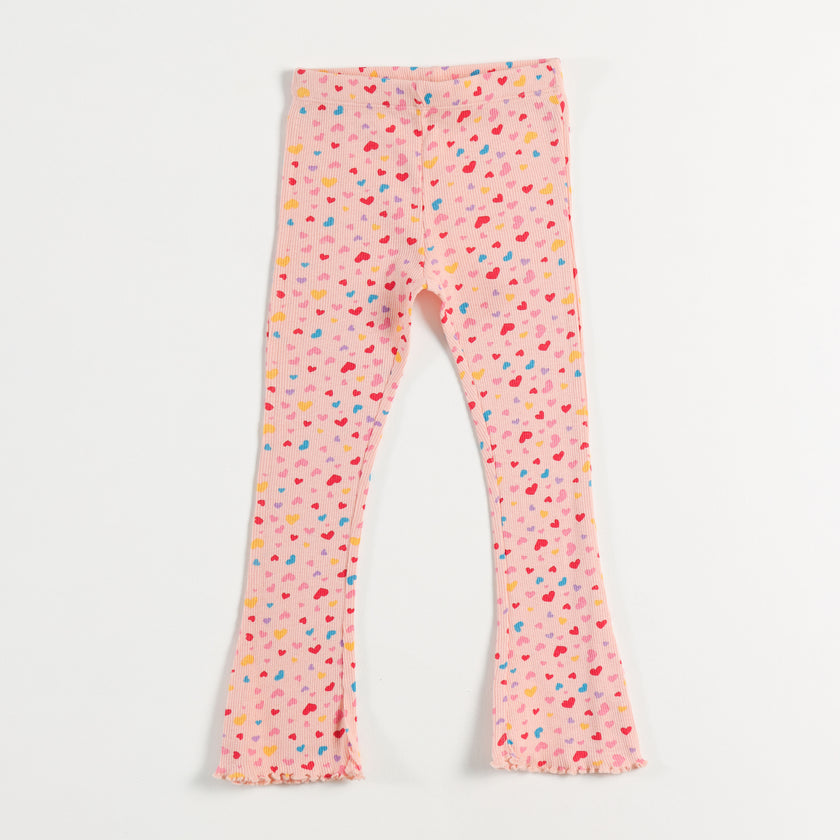 "Girls Pink Ribbed Cotton Leggings with All-Over Multicolor Heart Print"
